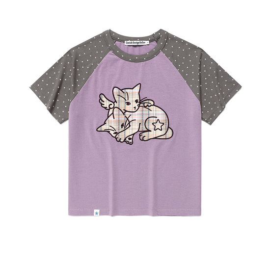 Cavish Women's Angel Cats Raglan Short Sleeve Tee in Purple