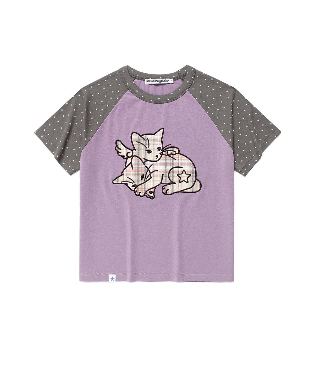 Cavish Women's Angel Cats Raglan Short Sleeve Tee in Purple