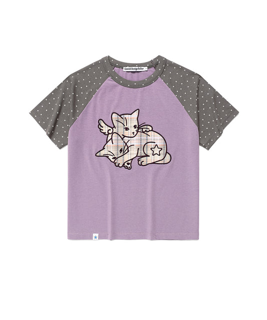 Cavish Women's Angel Cats Raglan Short Sleeve Tee in Purple