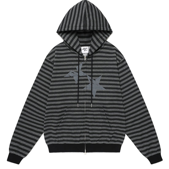 Cavish Striped Twin Star Zip Up Hoodie Black