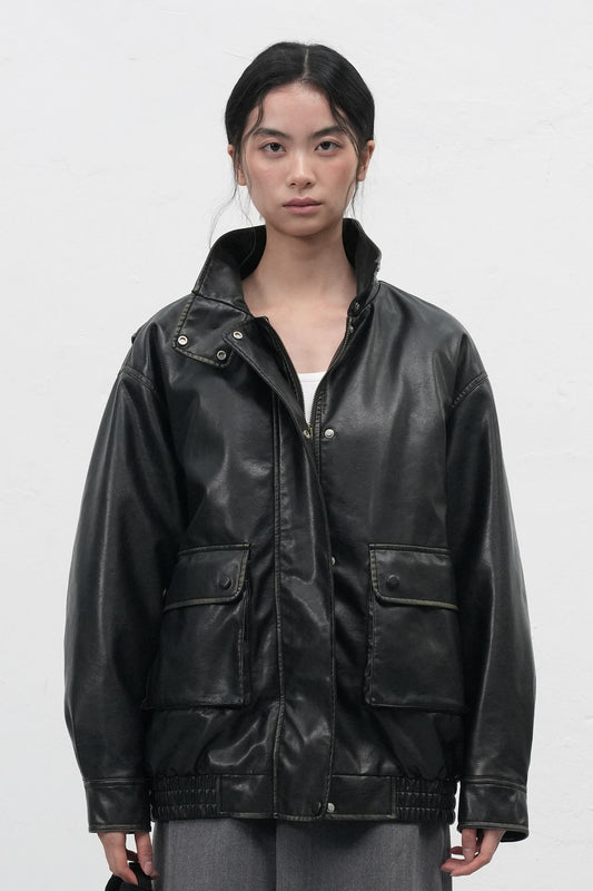 General Idea WOMAN High-Neck Faux Leather Blouson [BLACK]