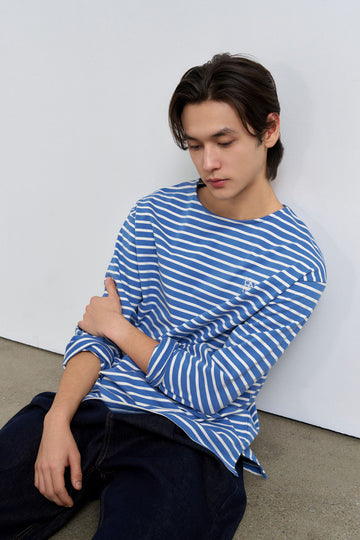 General Idea UNISEX Long Sleeve Striped Border T-Shirt [DUST BLUE]