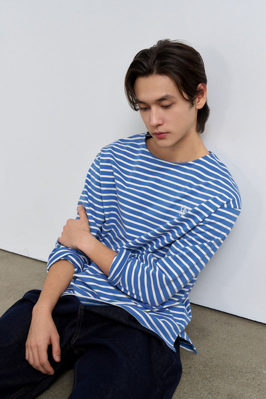 General Idea UNISEX Long Sleeve Striped Border T-Shirt [DUST BLUE]