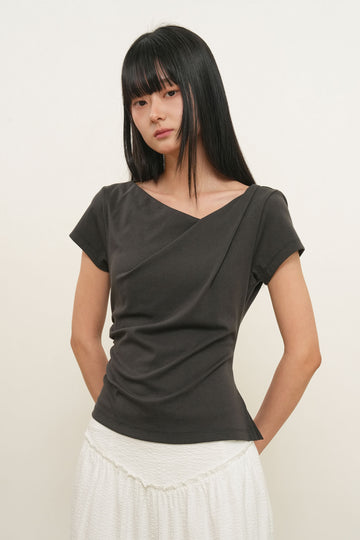 General Idea [General Idea Pick] Women's Drape Shirring Short Sleeve T-Shirt [Charcoal]
