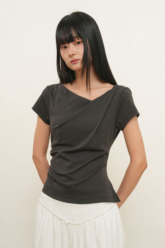 General Idea [General Idea Pick] Women's Drape Shirring Short Sleeve T-Shirt [Charcoal]