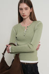 General Idea WOMAN Henley Neck Layered Knit Pullover [PISTACHIO]