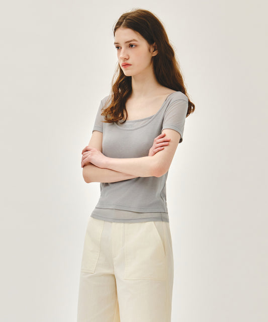 Marithé François Girbaud W SMALL CLASSIC LOGO SLEEVELESS LAYERED SLIM CROP TEE light gray