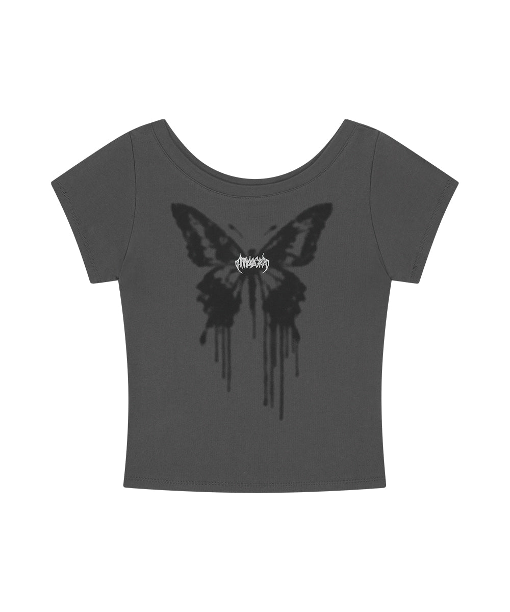 Mahagrid Butterfly Goth Wide Neck Crop Tee