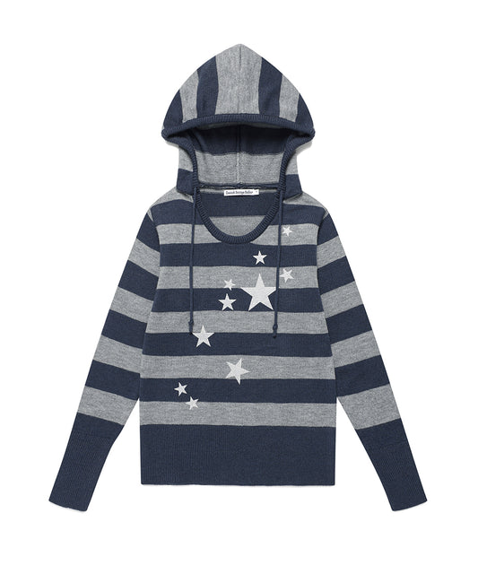 Cavish W U Neck Striped Star Knit Hoodie