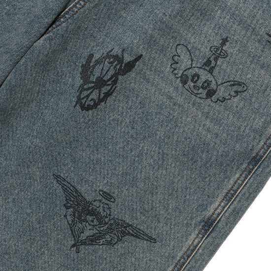 Nice Ghost Club Big Wide Bermuda Doodle Denim Pants