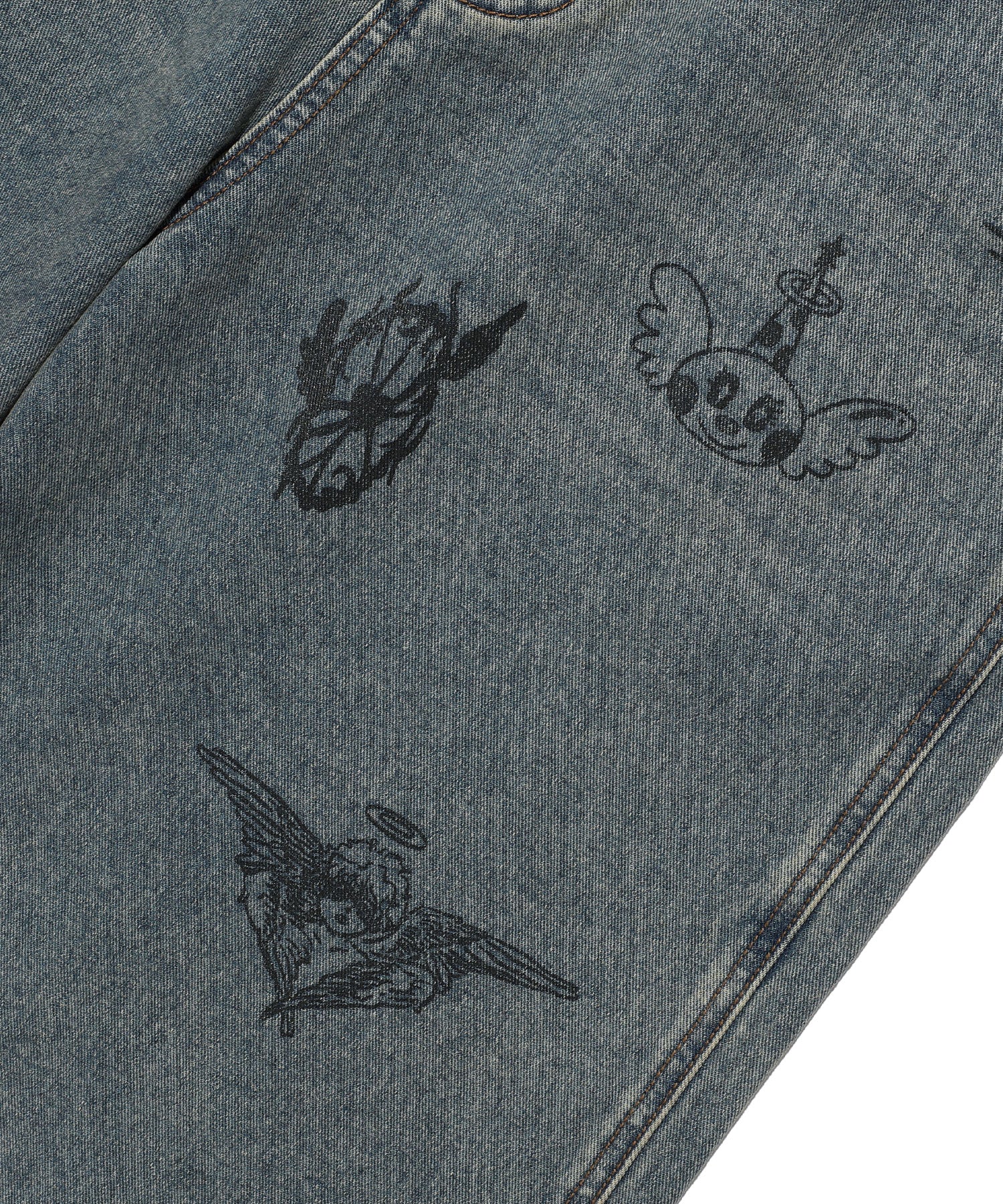 Nice Ghost Club Big Wide Bermuda Doodle Denim Pants