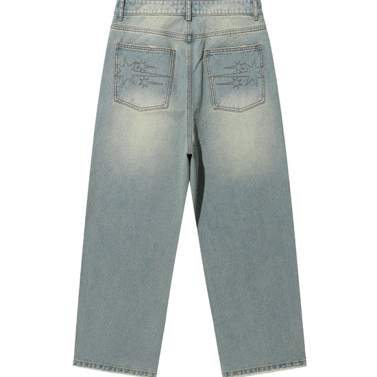 Nice Ghost Club Pattern Patchwork Wide Denim Pants