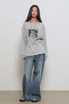 General Idea WOMAN Boat Neck Loose Fit Graphic T-Shirt [MELANGE GREY]