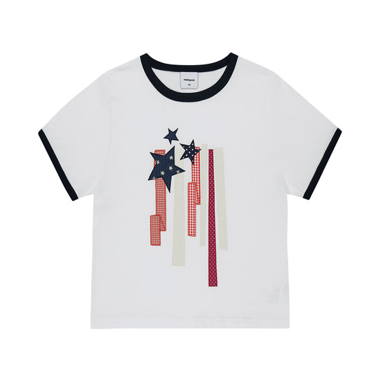 Mahagrid Flag Applique Ringer Crop Tee in White