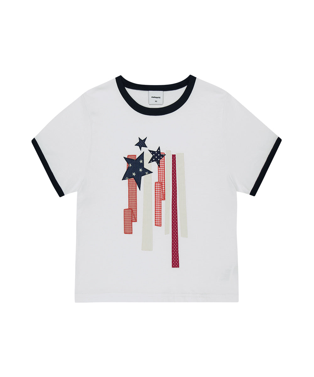 Mahagrid Flag Applique Ringer Crop Tee in White