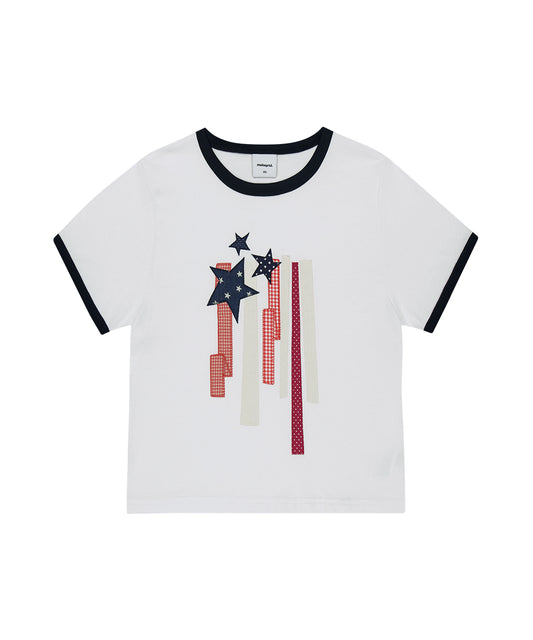 Mahagrid Flag Applique Ringer Crop Tee in White