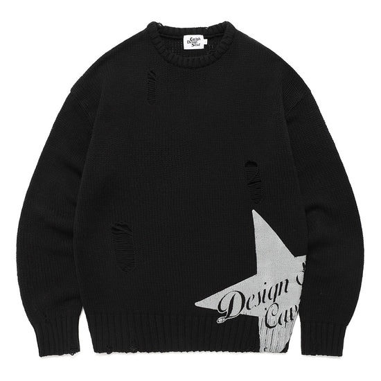 Cavish W DAMAGED STAR KNIT CREWNECK [BLACK]