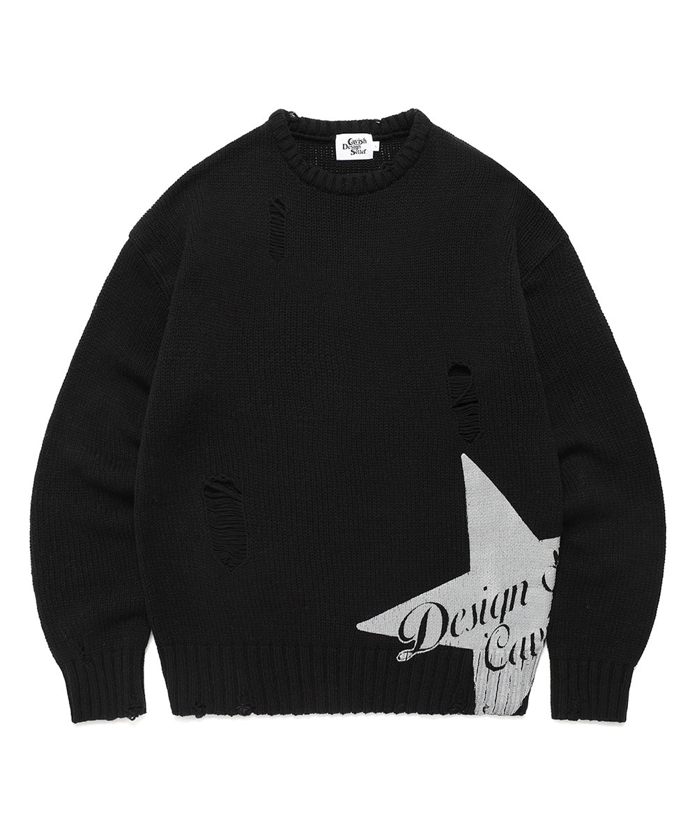Cavish W DAMAGED STAR KNIT CREWNECK [BLACK]