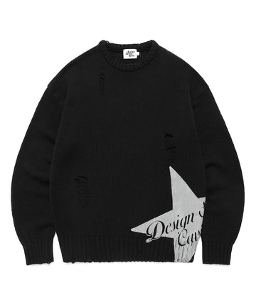 Cavish W DAMAGED STAR KNIT CREWNECK [BLACK]