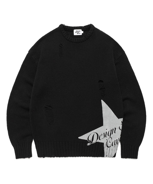 Cavish W DAMAGED STAR KNIT CREWNECK [BLACK]