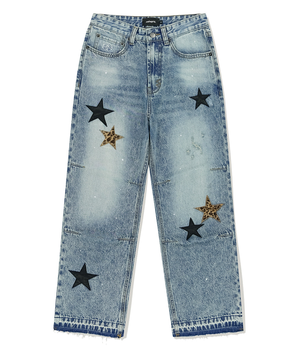 Mahagrid Star Flared Denim Pant Light Blue