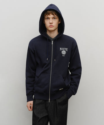 Marithé François Girbaud Big College Logo Graphic Zip-Up Hoodie Navy