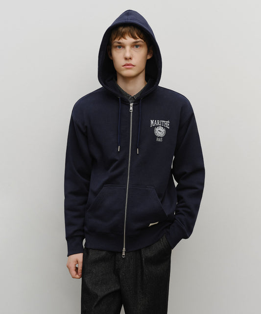 Marithé François Girbaud Big College Logo Graphic Zip-Up Hoodie Navy