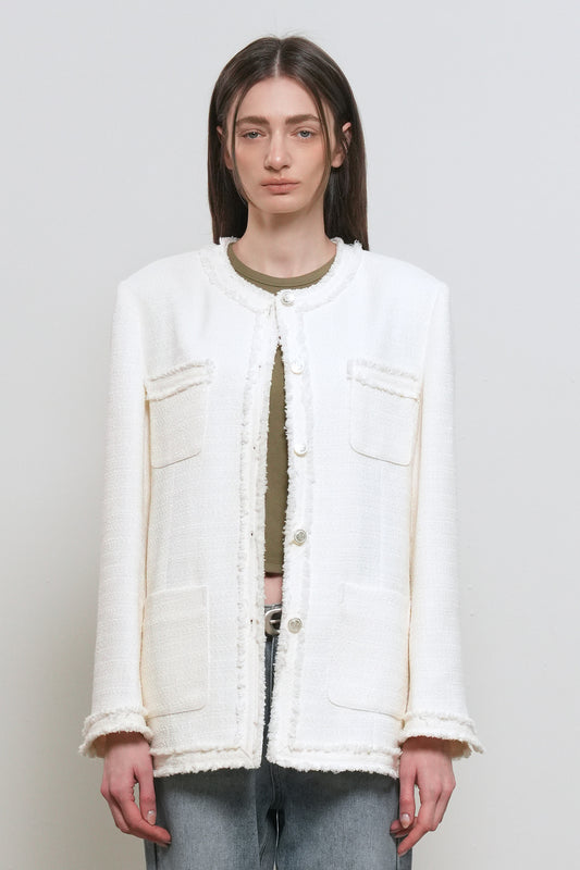General Idea WOMAN Fringe Trimming Tweed Jacket [IVORY]