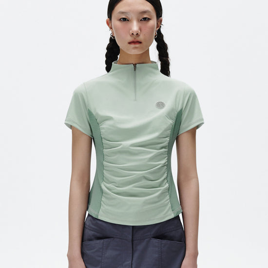 Mahagrid Shirring Half Zip-Up Jersey Tee