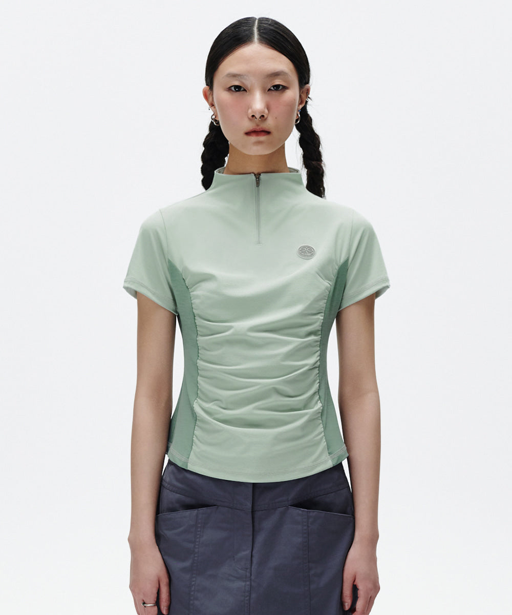 Mahagrid Shirring Half Zip-Up Jersey Tee