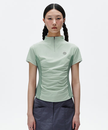 Mahagrid Shirring Half Zip-Up Jersey Tee