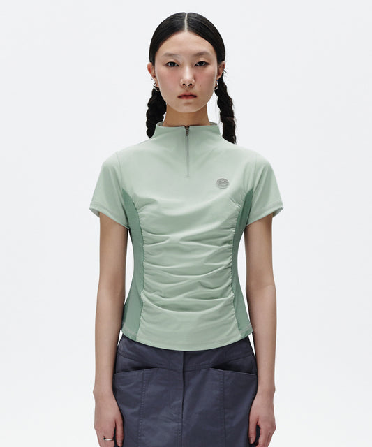 Mahagrid Shirring Half Zip-Up Jersey Tee