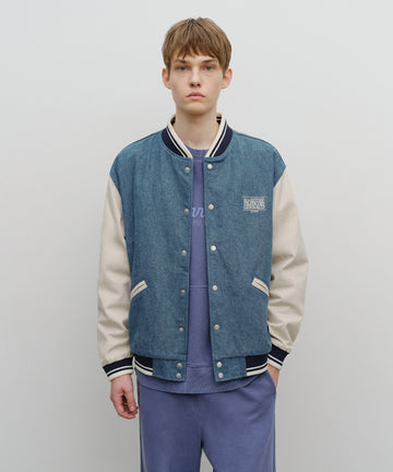 Marithé François Girbaud Classic Logo Embroidery Denim Varsity Jacket Light Blue