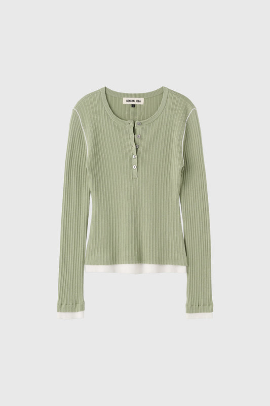 General Idea WOMAN Henley Neck Layered Knit Pullover [PISTACHIO]