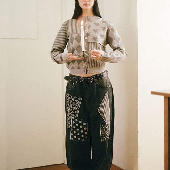 Nice Ghost Club Pattern Patchwork Wide Denim Pants