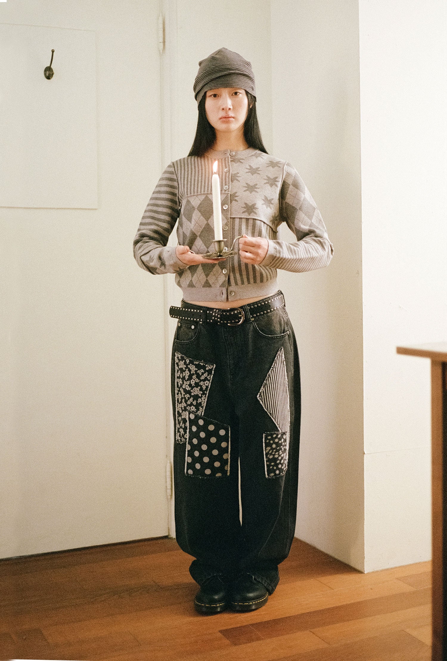 Nice Ghost Club Pattern Patchwork Wide Denim Pants