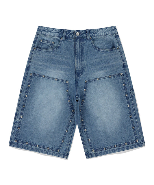 Mahagrid Stud Double Knee Denim Shorts