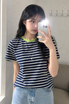 General Idea WOMAN Color-Block Stripe Short Sleeve T-Shirt [NAVY]