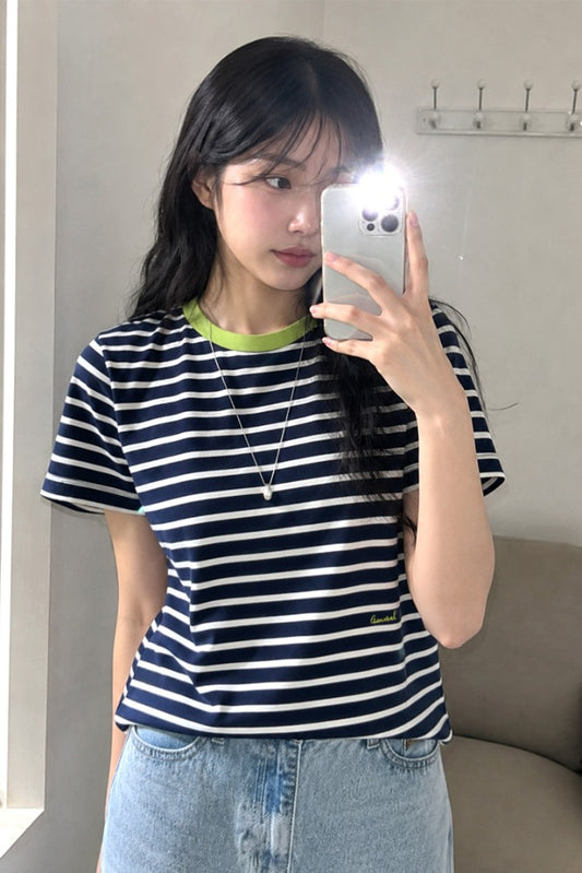 General Idea WOMAN Color-Block Stripe Short Sleeve T-Shirt [NAVY]