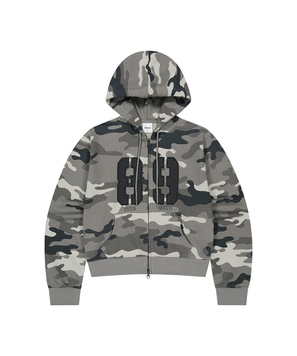 Mahagrid Camo Applique Crop Zip Up Hoodie