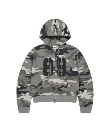 Mahagrid Camo Applique Crop Zip Up Hoodie