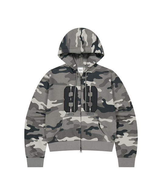 Mahagrid Camo Applique Crop Zip Up Hoodie