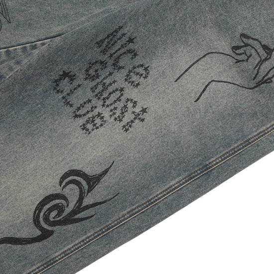 Nice Ghost Club Doodle Graphic Wide Jeans