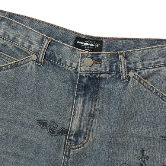 Nice Ghost Club Big Wide Bermuda Doodle Denim Pants