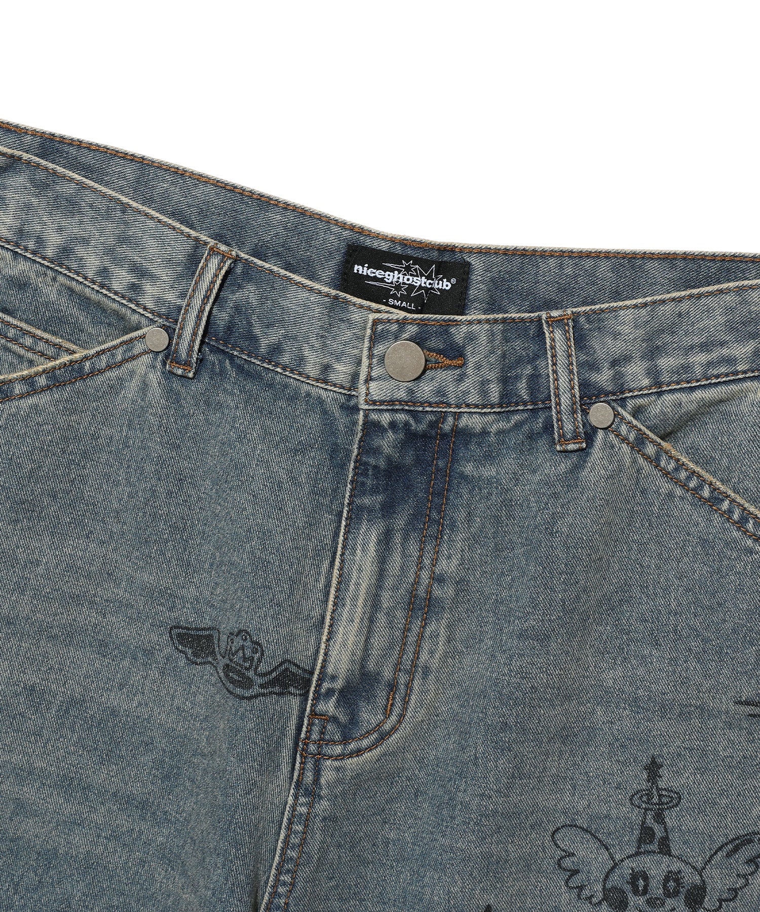 Nice Ghost Club Big Wide Bermuda Doodle Denim Pants