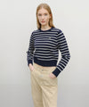 Marithé François Girbaud W CREW NECK STRIPE CROP KNIT PULLOVER NAVY