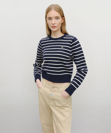 Marithé François Girbaud W CREW NECK STRIPE CROP KNIT PULLOVER NAVY