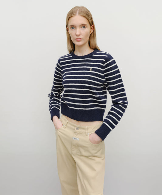 Marithé François Girbaud W CREW NECK STRIPE CROP KNIT PULLOVER NAVY
