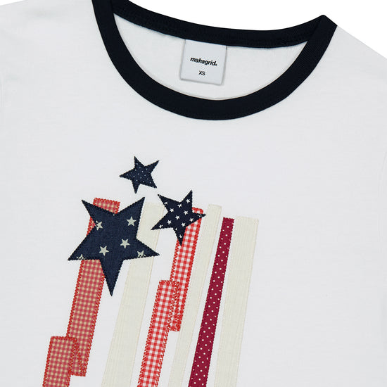 Mahagrid Flag Applique Ringer Crop Tee in White