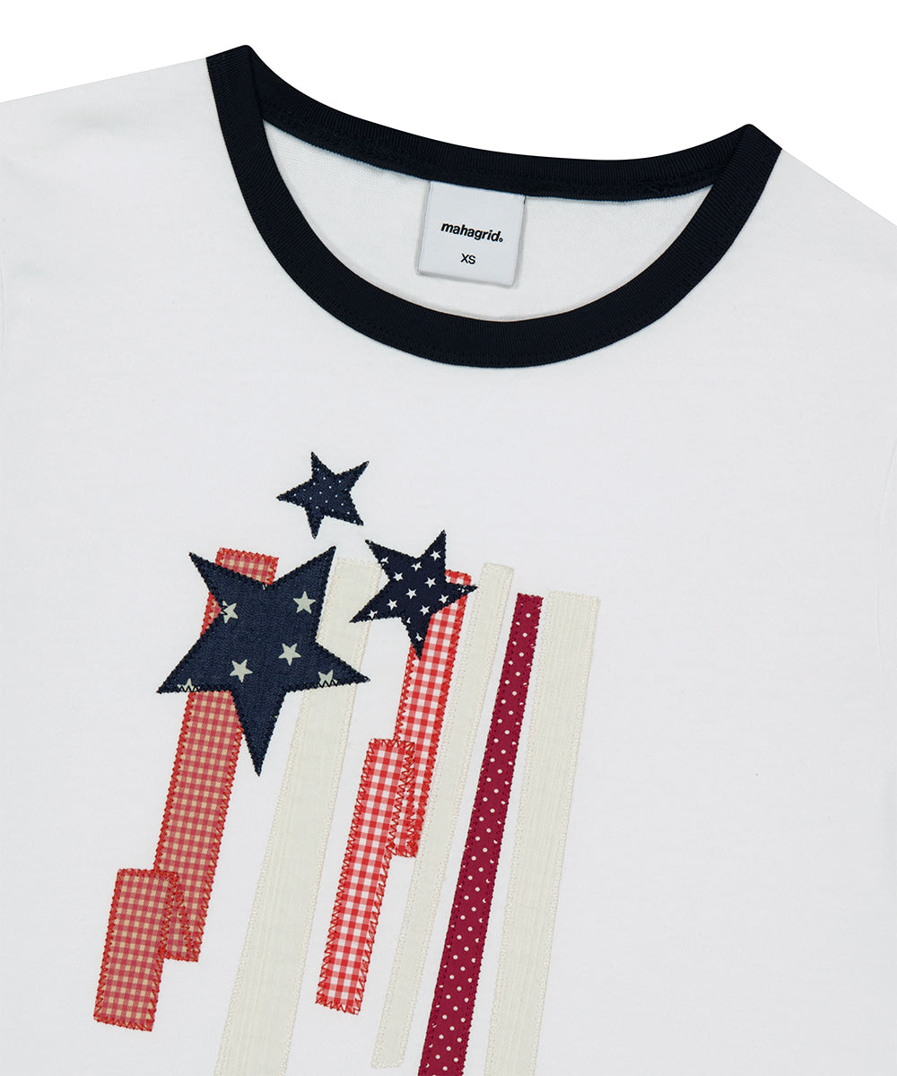 Mahagrid Flag Applique Ringer Crop Tee in White